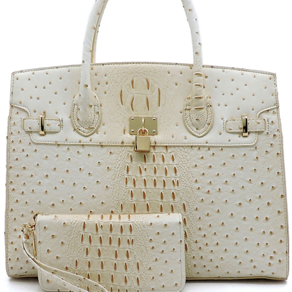 Ostrich Croc 2pc Satchel with Wallet